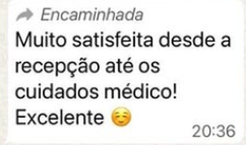 Depoimento de paciente: Muito satisfeita desde a recepção até os cuidados médicos. Excelente.
